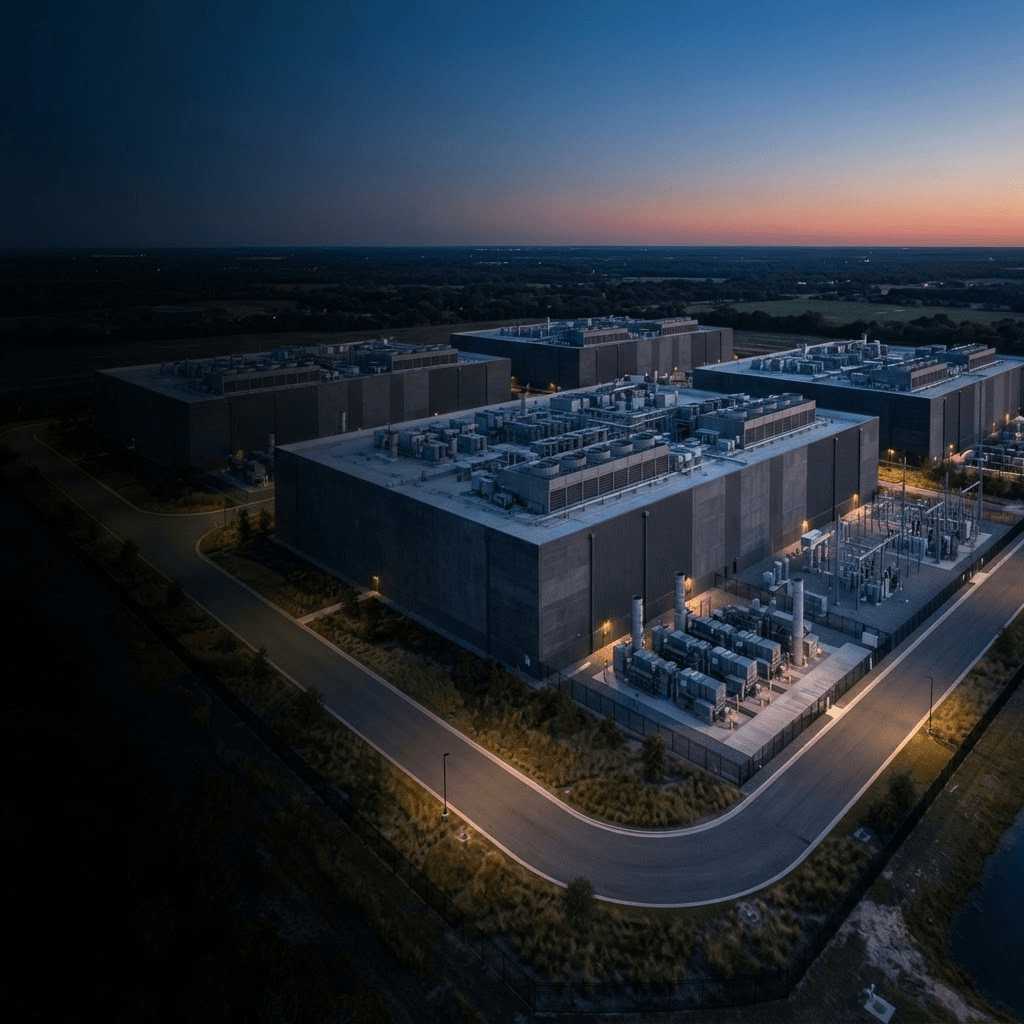 Secure windowless hyperscale data center campus with rooftop cooling, generator yards, and electrical infrastructure at blue hour